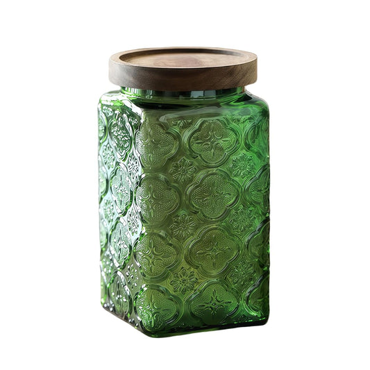 ANSQU Vintage Glass Jar with Solid Wood Lid - Decorative Food Storage Canister for Kitchen, Coffee, Candy, Laundry Detergent, Begonia Flower Design - Cute & Functional Jar (Square Green, 34 Ounces)