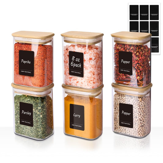 Comsaf Spice Jars with Label，8 oz Small Glass Jars with Lids, 6 Pcs Seasoning Containers, Rectangle Glass Containers with Lids, Empty Seasoning Jars for Pantry Storage, Loose Tea, Herbs, Powders, Salt