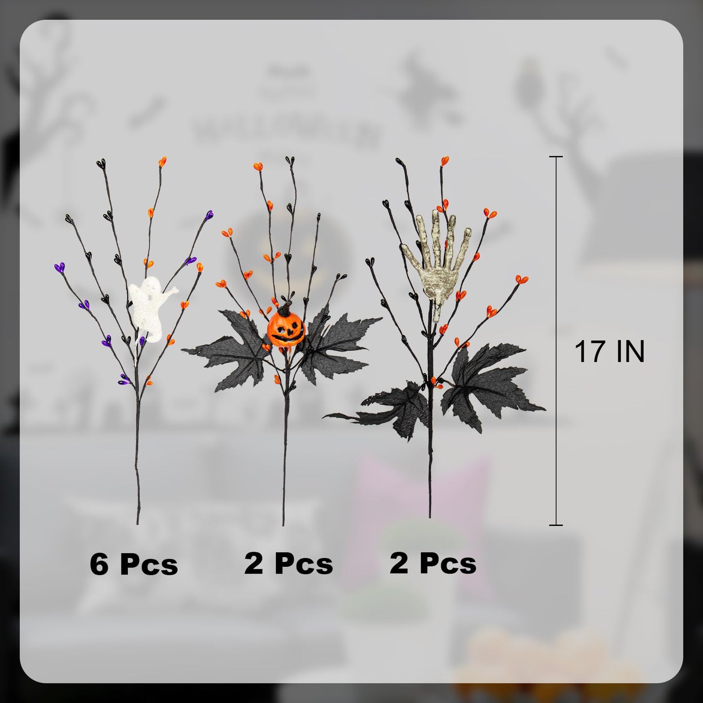 VioletEverGarden 10 Pack Halloween Stems 17 Inch Halloween Floral Picks 3 Styles Berry Branches with Pumpkin Skeleton and Ghost for Gothic Holidays Celebration