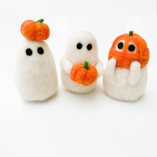Halloween Decorations- Felted Ghosts with Pumpkins 3 Pcs, Cute Ghost Decor Indoor or Outdoor, Great as Halloween Home Decor, Ghost Ornaments, Unique & Funny Gift