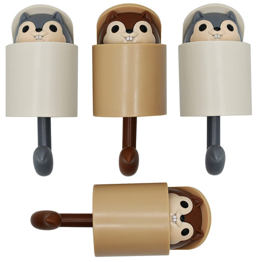 Maydahui 4 PCS Squirrel Shaped Adhesive Wall Hook Cute Cartoon Animal Wall Hooks Brown Gray for Living Room Bedroom Home Decoration