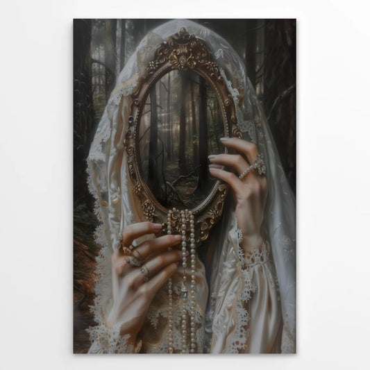 Mirror Witch Gothic Posters Victorian Goth Wall Art Witchy Dark Academia Room Home Decor Macabre Canvas Print Surreal Collage Forestcore Pictures Painting for Bedroom 16x24inch Unframed