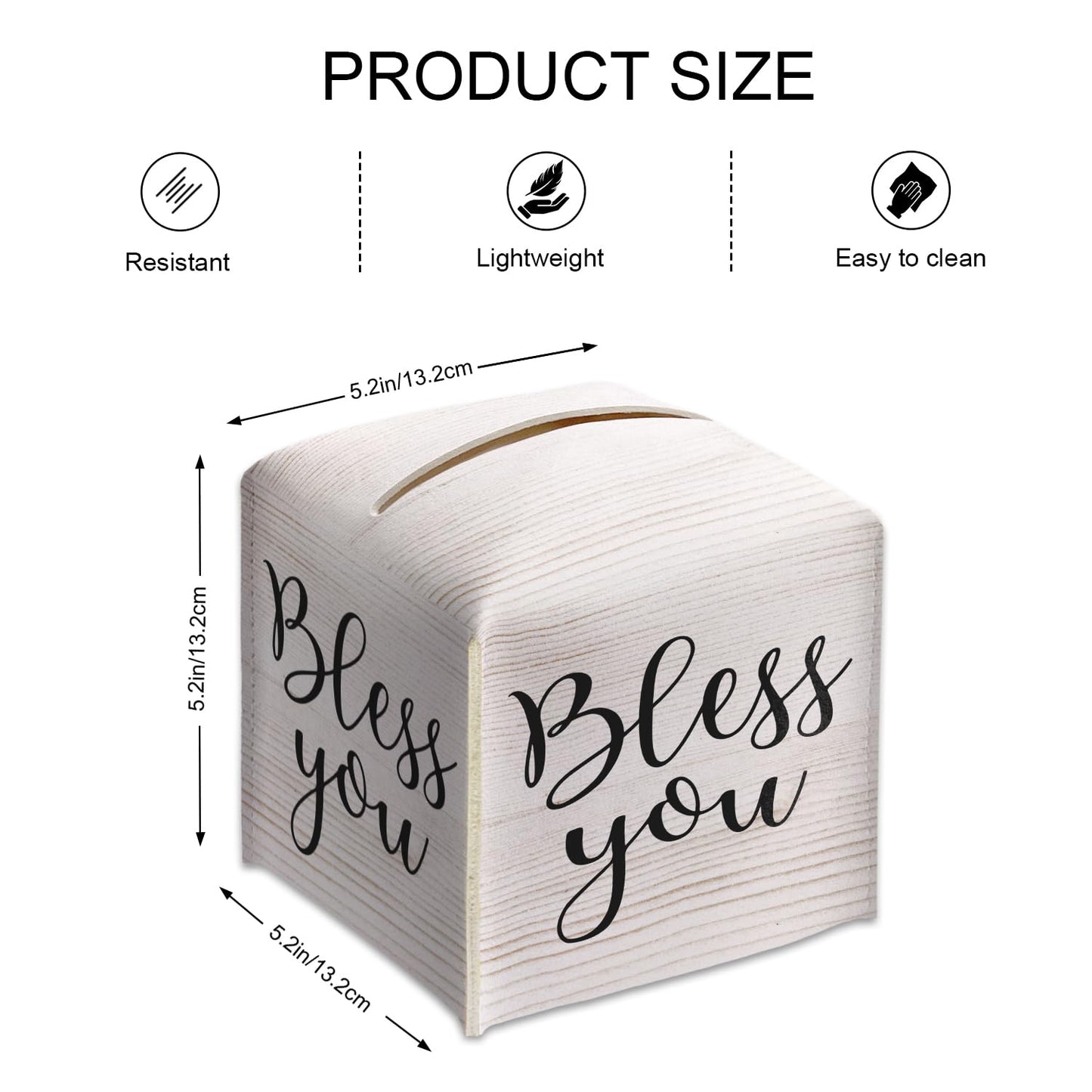 Tissue Box Cover Square - Bless You Tissue Box Holder with Bottom Belt, Leather Facial Paper Holder Decor for Bathroom Vanity Countertop, Nightstands, Dining Table, Office, Car -01
