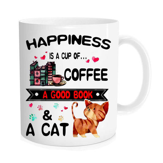Funny coffee Mug - Book Lovers Reading Mug - Happiness is A Cup of Coffee & A Cat - Cat lovers Mugs, Funny Bookish Coffee Mug, Cat Mug, Teacher Mug - 11 oz Novelty Mug