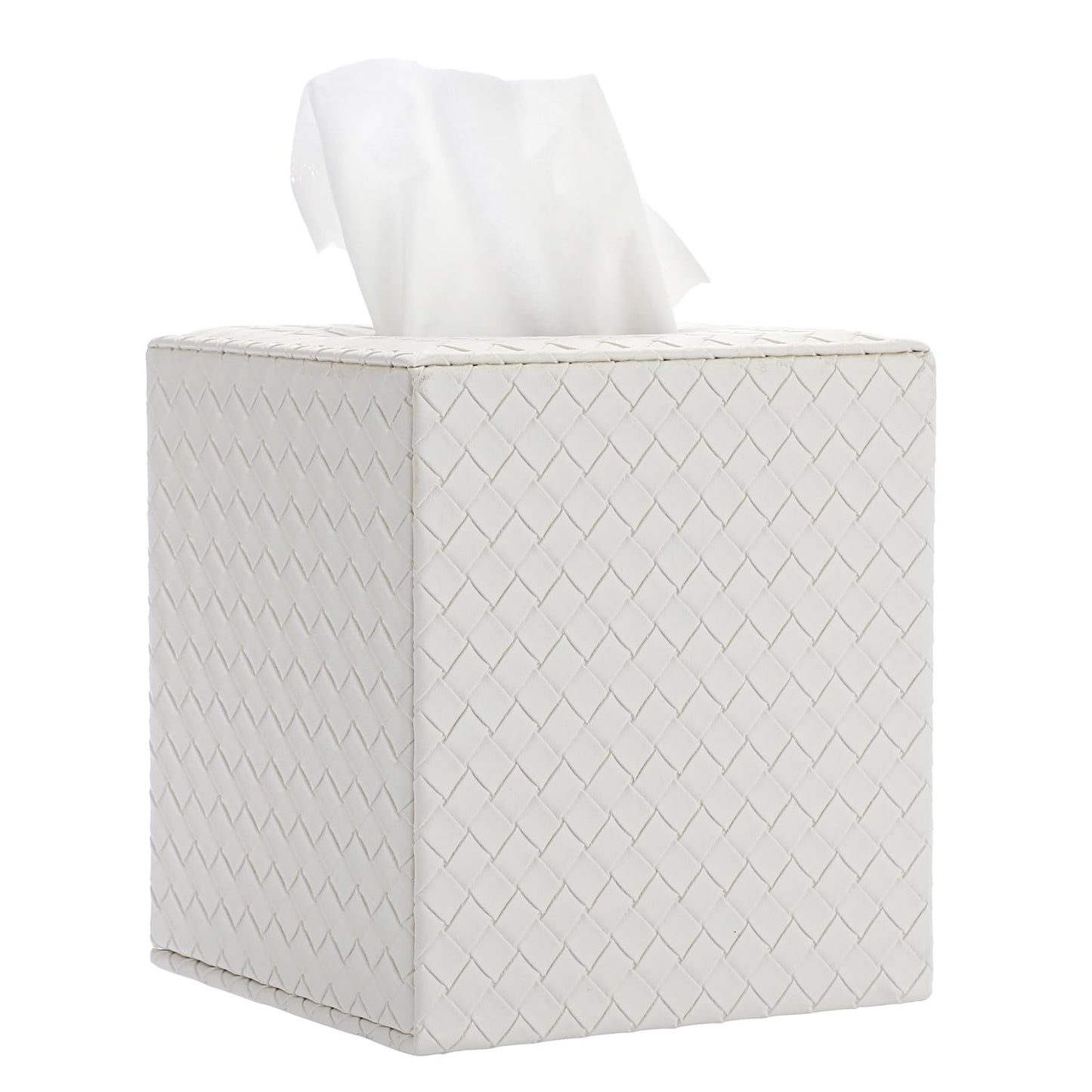 Sumnacon Tissue Box Cover Square Tissue Box Stylish PU Woven Lozenge Pattern Tissue Box Holder with Magnetic Bottom,Cube Leather Tissue Cover for Living Room Bathroom Table Desk Home Office Car,White