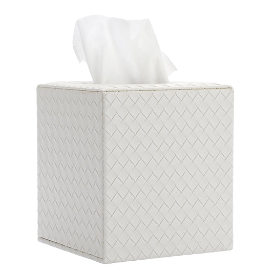 Sumnacon Tissue Box Cover Square Tissue Box Stylish PU Woven Lozenge Pattern Tissue Box Holder with Magnetic Bottom,Cube Leather Tissue Cover for Living Room Bathroom Table Desk Home Office Car,White