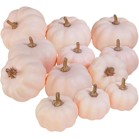 Winlyn 12 Pcs Assorted Small Light Pink Artificial Pumpkins Decorative Pumpkins Harvest Foam Pumpkins Pink Fall Decor for Baby Shower Autumn Wedding Thanksgiving Tiered Tray Wreath Table Centerpiece