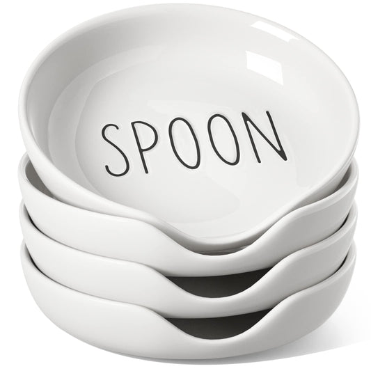 LE TAUCI Ceramic Spoon Rest for Stove Top, 5 Inch Spoon Holder for Kitchen Counter Set of 4, Kitchen Gadgets, Coffee Spoon Cradle, Home Accessories for Utensils, Dishwasher Safe, White