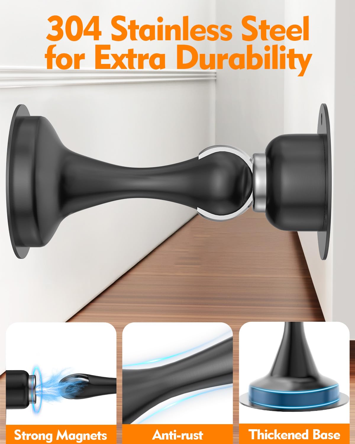 Door Stoppers Magnetic Door Catch - 2 Pack Stainless Steel Heavy Duty Door Holder Stops for Bottom Top of Door - Wall Floor Mounting No Drill 3D Adhesive & Screws Strong Magnet Keep Door Open