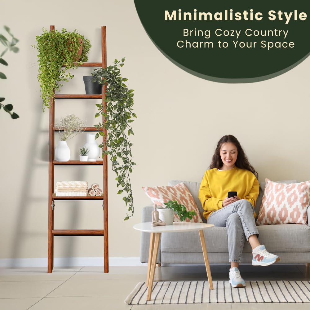 TotsNjoy Wooden Blanket Ladder for Living Room 6-Tier, Decorative Ladder Blanket Rack & Quilt Ladder Decor, Rustic Farmhouse Wood Ladder, Anti-Slip Sturdy Blanket Holder, 68 Inch Tall, Rustic Brown