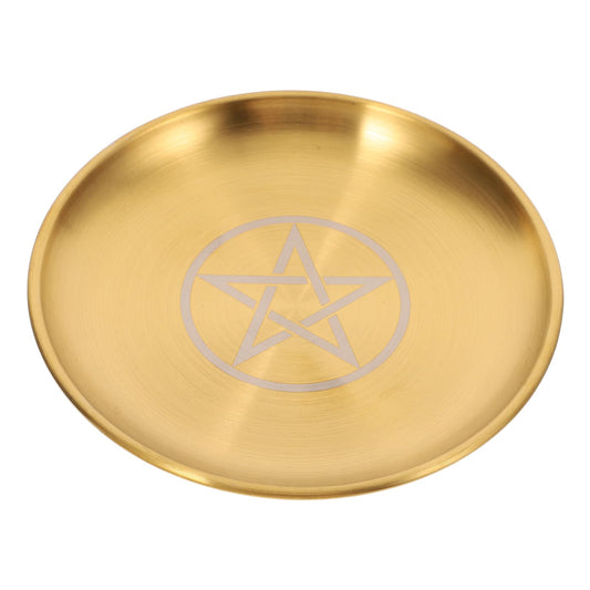 Angoily Bed Side Table Tray, Altar Plate Candle Holder, Ritual Burning Incense Offering Bowl, Decorative Tealight Tray for Witchcraft Wiccan Tarot Supplies A Witch Decor Round Metal Jewelry Tray