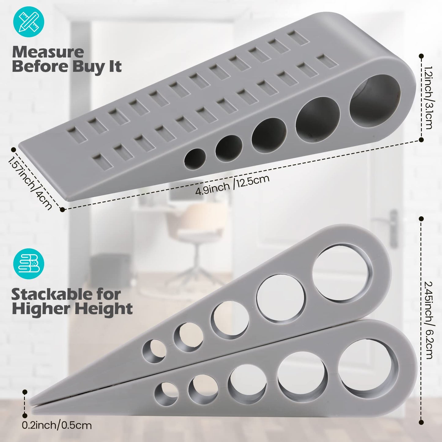 Tuanse 12 Pack Rubber Door Stoppers for Bottom of Door Stop Wedge with Holder Heavy Duty Doorstop for Home Office Dorm Classroom Garage Stackable on Multi Floor Carpet(Grey)