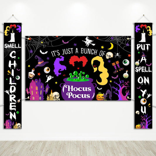 Avezano Halloween Decorations 3Pcs Hocus Pocus Door Banner Witches Door Cover Hocus Pocus Halloween Baby Shower Decorations Indoor Outdoor