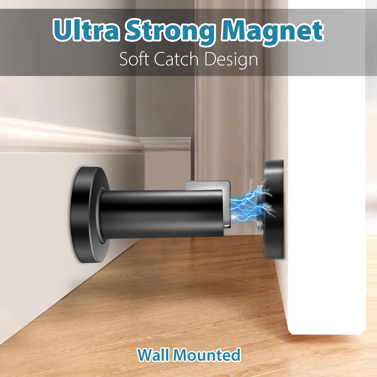 Door Stoppers, Magnetic Door Stop, Heavy Duty Stainless Steel Door Catch Magnetic Door Holder, Modern Door Stops for Wall Floor Mount, Black, 2 Pack