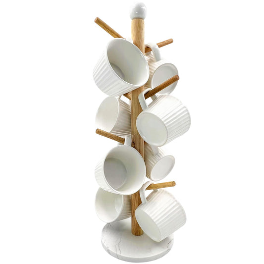 SNAIL GARDEN Screwed-in 8 Hooks Coffee Mug Holder, Marble Bas Mug Tree with Ceramic Handles, Wooden Coffee Cup Rack, Cup Stand for Counter Bar Accessories and Decor