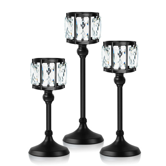 Set of 3 Cup Crystal Tealight Candle Holders, Centerpieces for Table Wedding Centerpieces Crystal Decorative Tealight Candle Dining Table Candle Holder Decor for Party (8.7"+10.6"+12.2", Black)