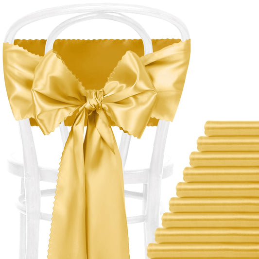 Eychei 12pcs Gold Satin Chair Sashes & Bows, 7x108in Chair Bow Ties for Wedding, Party, Banquet, Restaurant, Hotel Events