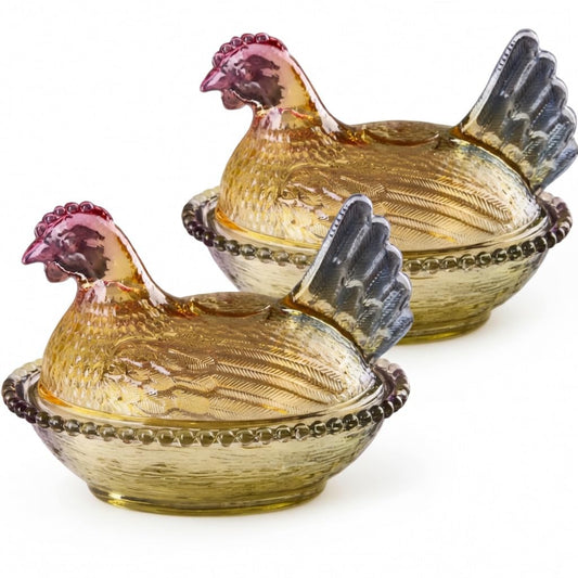 2sets Hen on Nest Covered Chicken Candy Dish - Vintage Embossed Crystalline Glass Storage Jar with Lid - Decorative Jewelry Organizer & Nut Bowl for Kitchen, Living Room Decor (Amber Gold, 6.9'')