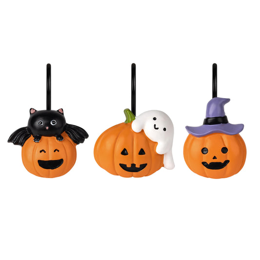 Sunlit Halloween Jack-O'-Lantern Shower Curtain Hooks, Home Decorative Ghost Shower Curtain Rings for Bathroom, Cat Shower Curtain Hangers Bathroom Accessories, Set of 12