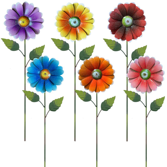 Metal Flower Garden Stakes, 6 Pc. Set,22 inch Outdoor Decor Stakes for Spring Decor, Rust and Weather Resistant Flowers with Shaking Head Yard Art for Outdoor Lawn Patio Pathway Decorations