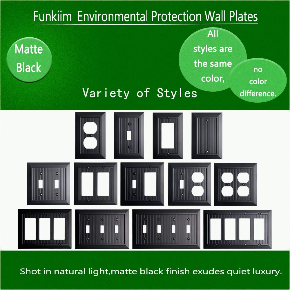 Funkiim Black Classic Beadboard Wall Plates,Light Switch Covers,Electrical Outlet Covers, Switch Plates of Various Combination, Nature Bamboo Fiber Wall plate (1 Gang Duplex 4PK)