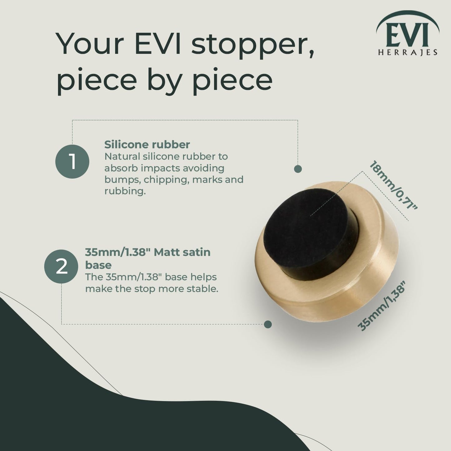 EVI Herrajes | Wall Door Stop | 1,37x0,7" | Satin Matte Brass | Adhesive + Screw-in | Anti Shock Door Handles | Design and Functionality | I-254/35-LMT