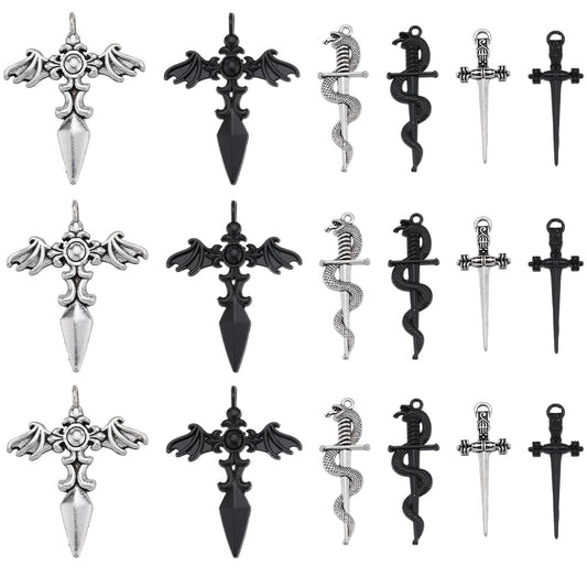 SUNNYCLUE 1 Box 48Pcs 8 Styles Sword Charms Silver Knife Charm Vintage Alloy Black Gothic Style Angel Wing Snake Sword Charms for Jewelry Making Charms Halloween Necklace Earrings Bookmarks DIY Craft