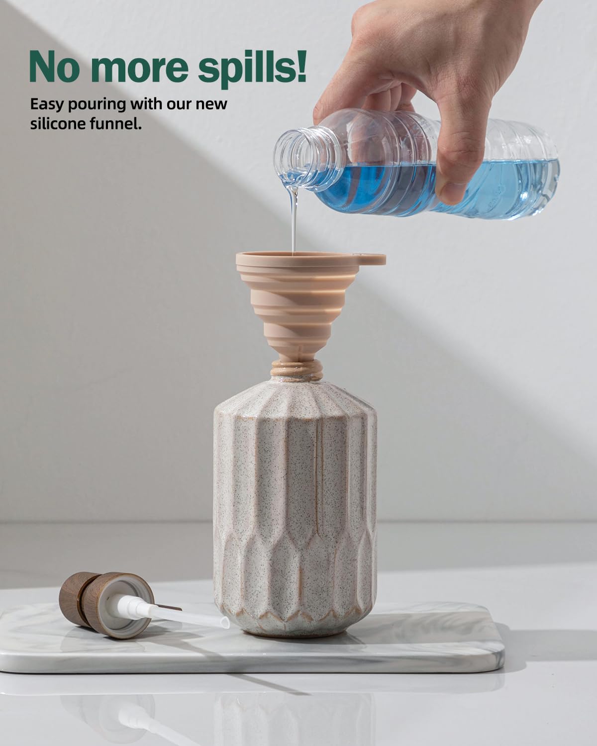 Bathroom Soap Dispenser, 16 Oz Luxurious Hand soap Dispenser for Bathroom, Ceramic Liquid Soap Dispenser for Bathroom Countertop with Plastic Pump, Silicone Funnel (Wooden Color Pump)