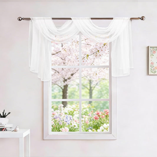 Showgeous 2 Panels White Window Scarf Valance Sheer Canopy Bed Curtains 52" X 144" Extra Long Topper Window Treatment Elegant Curtain Scarves Soft Voile Swag Curtain Drapes for Wedding Arch Home Decor