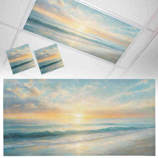 2 Pack Fluorescent Light Cover 4x2 Feet, Ocean Sunrise Coastal Lights Filters Drop Fluorescent Lights Shade Panel, Summer Beach Abstract Art Magnetic Ceiling Classroom Light Cover for Office