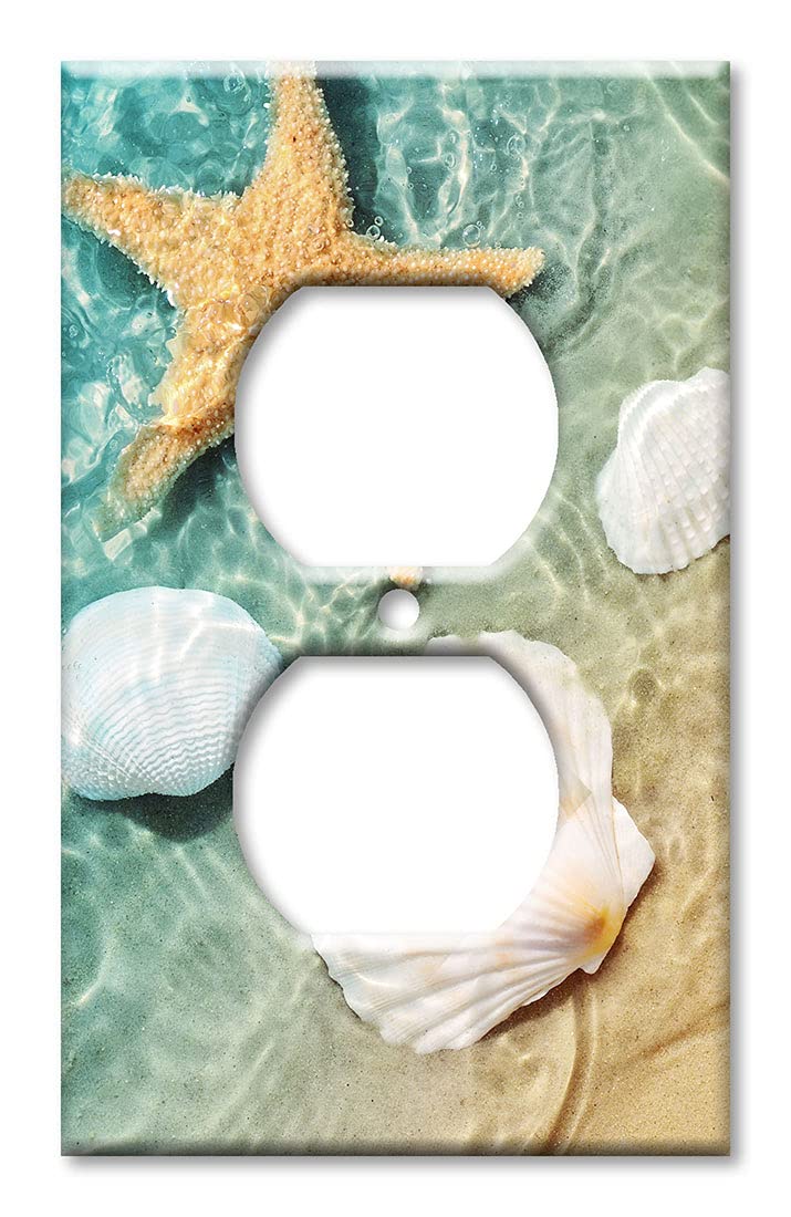 Art Plates - Duplex Outlet Cover Decorative Metal Wall Plate - 1 Gang Outlet Plug Cover - Sea Shells and Star Fish in Ocean Beach Tide Pool - (Made in USA)