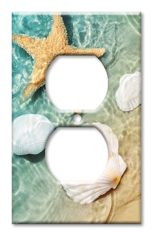 Art Plates - Duplex Outlet Cover Decorative Metal Wall Plate - 1 Gang Outlet Plug Cover - Sea Shells and Star Fish in Ocean Beach Tide Pool - (Made in USA)