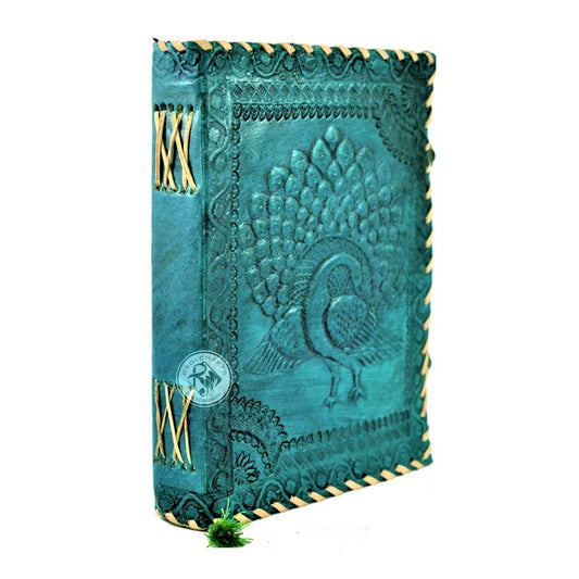 RAQI CRAFTS Premium Vintage Handmade Leather Journal Emboss Celtic Dancing Peacock. Notebook Sketchbook Spells Book Travel Diary Gift Man Woman 8x6in Turquoise