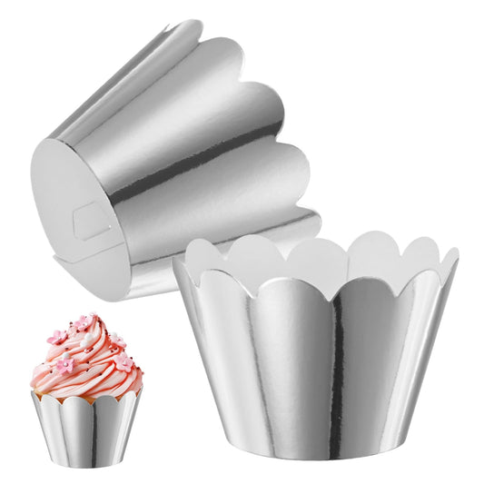 M METERXITY 50-Pack Cupcake Wrappers, Wave Decoration Standard Baking Cups for Wedding/Birthday Party/Bakeries/Cafes Cake Decoration, Bake Cake Paper[Reflective Silver]