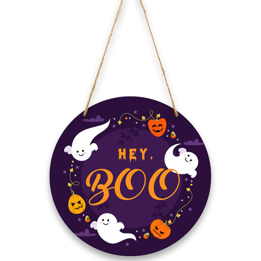 Hey Boo Halloween Spooky Hanging Decoration Door Sign，Wood Sign 11 Inch，Pumpkin Ghost Decor for Front Door, Home Wall Decor, Halloween Party, Outdoor Party, Party Supplies-03