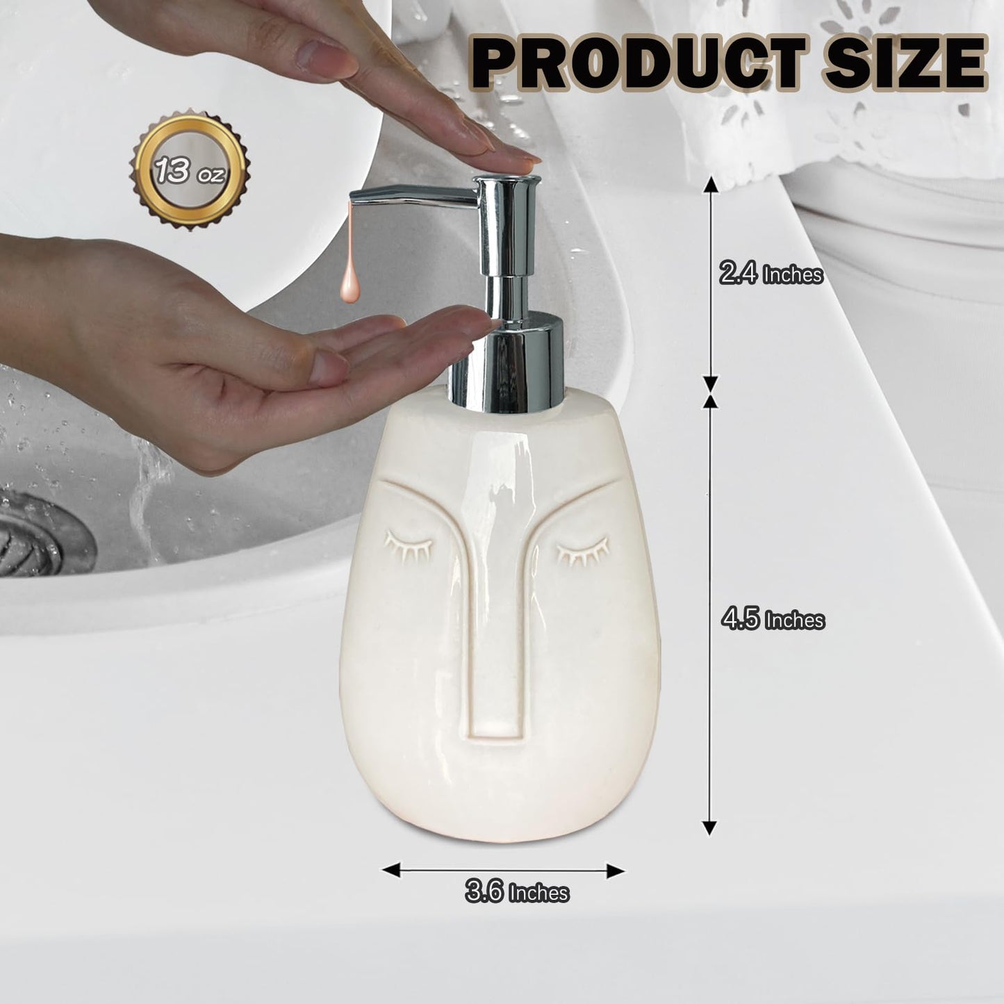 CAAS White Soap Dispenser, with Face Design, Ceramic Funny Liquid Dispenser, Refillable Lotion, Soap, Shampoo, Bathroom and Kitchen (White02)