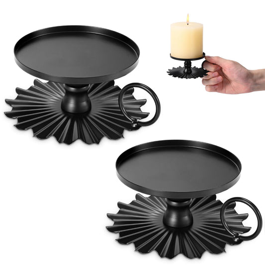 CoColemon Black Iron Pillar Candle Holders Set of 2, Pedestal Candles, 3.15 inches Pillar Candle Holder Plate (Black)