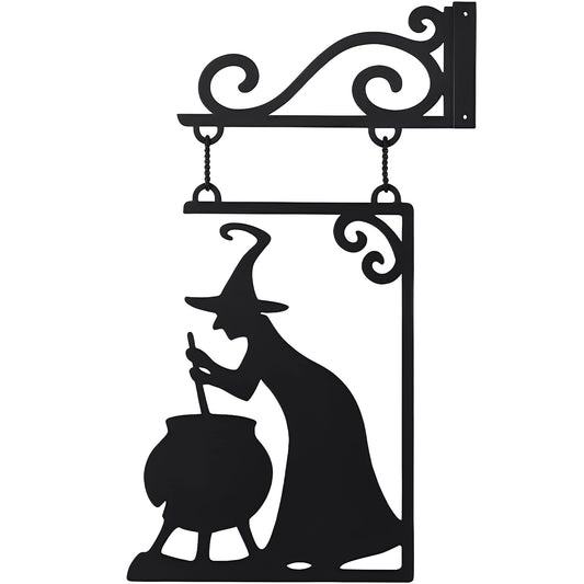Metal Witch Silhouette Cauldron – Iron Halloween Wall Sign Hanging Art for Garden Decor, Scary Yard Ornaments, Party Supplies, Indoor Outdoor Decoration