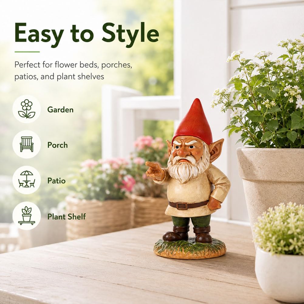 QIANLING 6.3" Garden Gnomes Outdoor, Angry Garden Gnome Statue, Funny Resin Gnome Garden Decor, Garden Gnomes for Yard Lawn Patio Porch Flower Bed Decor, Red Hat Gnome Gift for Garden Lovers