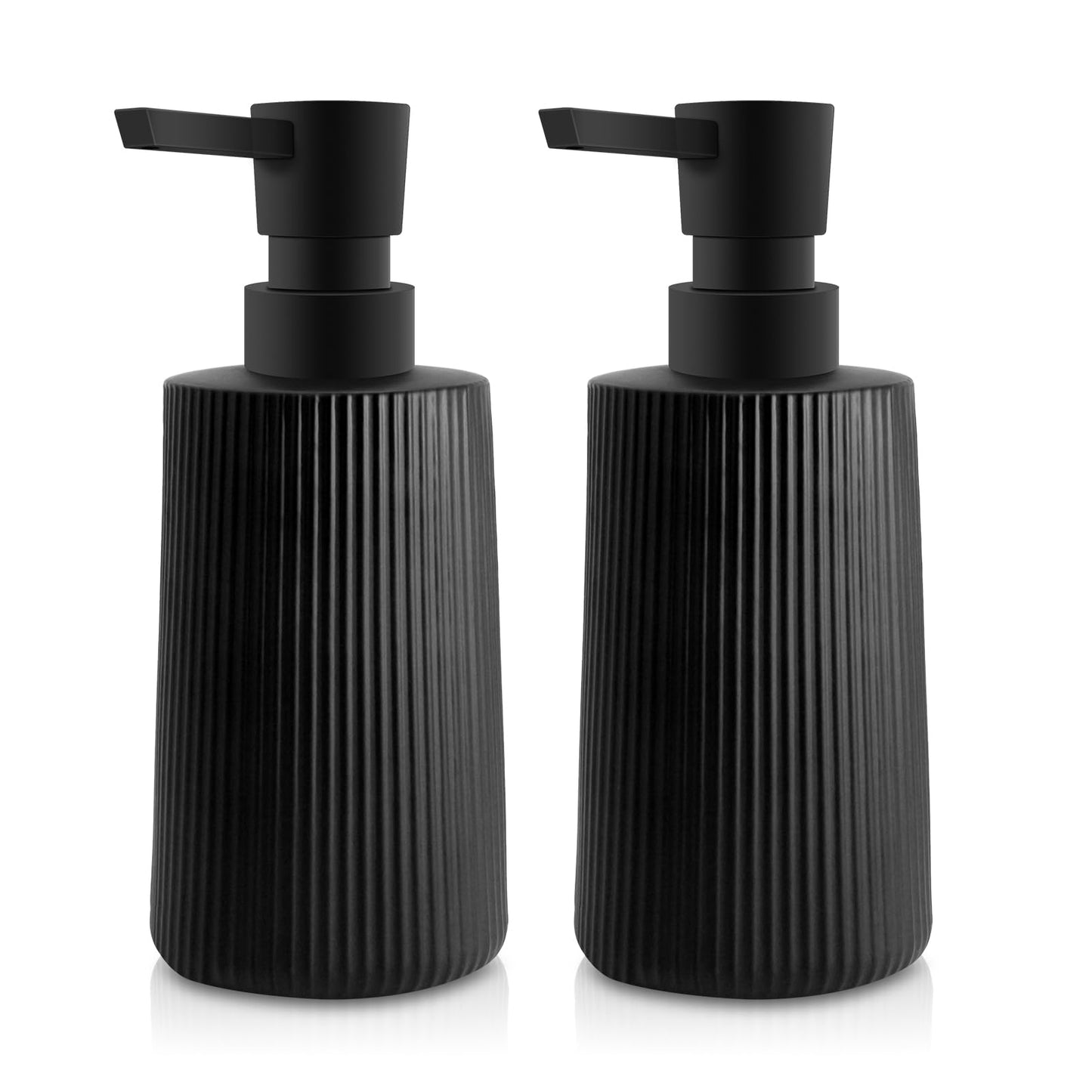 Mamiddle Glass Soap Dispenser for Bathroom, 250ml/8.5oz Dish Soap Dispenser with Pump for Kitchen, Modern Minimalist Stripe Style Hand Soap Dispenser, Small Refillable Soap Dispenser (Black 2pcs)