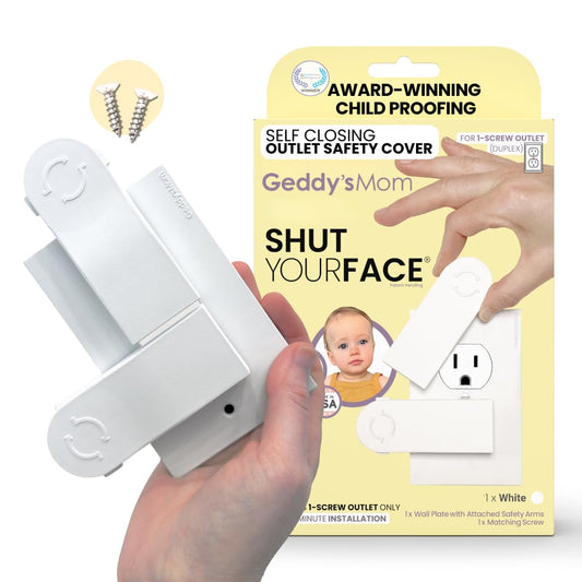 Self-Closing Outlet Cover Plate System by Geddy’s Mom – Automatic Child Safety that Covers Outlets When Unplugged, Shut Your Face, Easy Install, Award-Winning Baby Proofing for 1-Screw Duplex Outlets