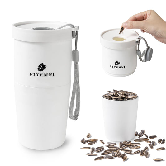 FIYEMNI Portable Sunflower Seed Cup with Seed Organizer and Shell Storage, Seed Snack Spit Cup for Outdoor, in Car, Travel and Sports Games. Works with Pistachios, Gift (white)