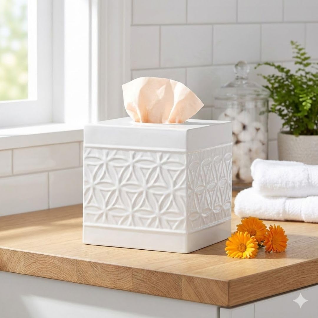 Autumn Alley White Tissue Box Cover Square, Bathroom Accessories, Decorative Tissue Holders for Bathrooms, Bedroom, Kitchen with Embossed Pattern Tissue Holders Decorative, Modern, White