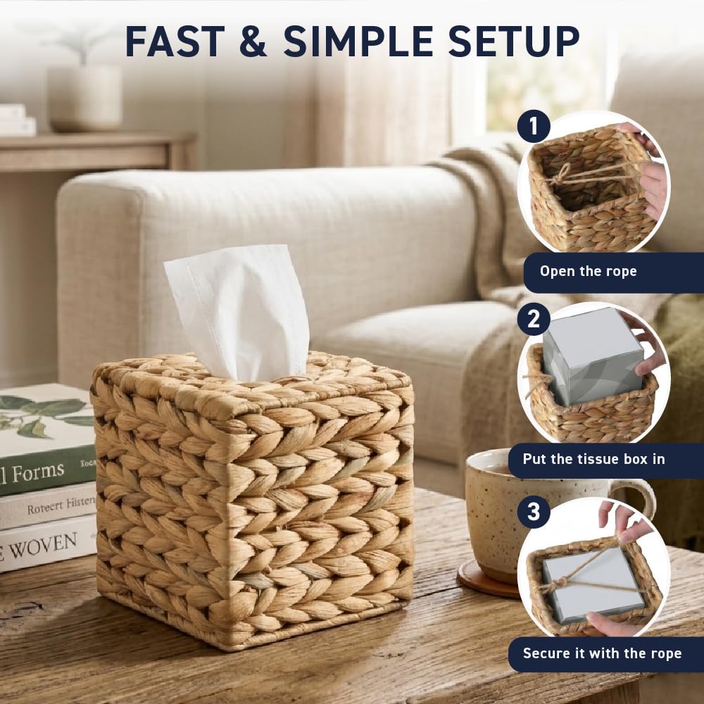 Ornavo Home Water Hyacinth Handwoven Square Tissue Box Cover, Natural