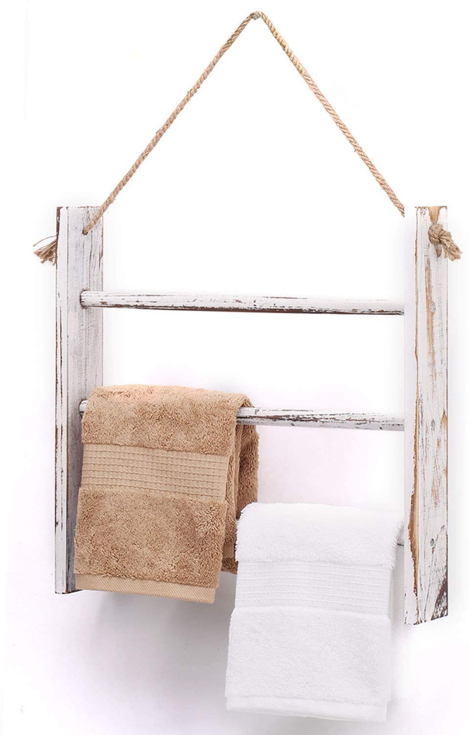 CuffUp Rustic Wood Ladder Hand Towel Rack for Bathroom, Farmhouse Blanket Ladder for Living Room Hanging Decorative Rack for Blankets Whitewashed Towel Rack with Rope (Whitewashed)