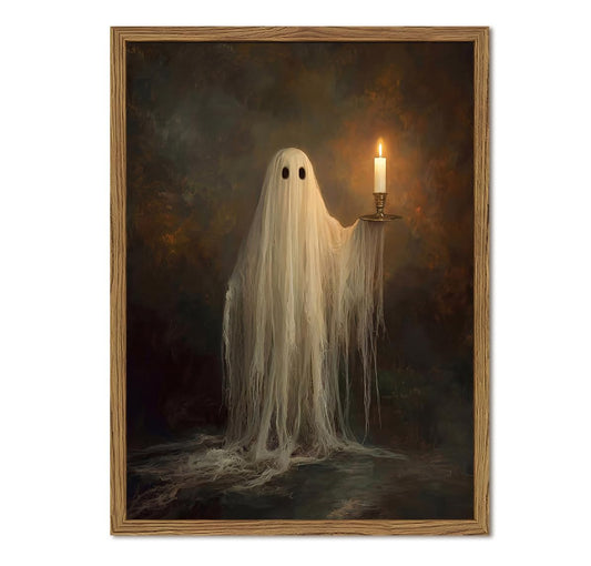 Framed Vintage Halloween Wall Art, Gothic Spooky Ghost Holding Candle Canvas Prints, Dark Academia Haunted Mansion Halloween Wall Decor, Retro Room Ghost Pictures 12x16 inch Wood Frame