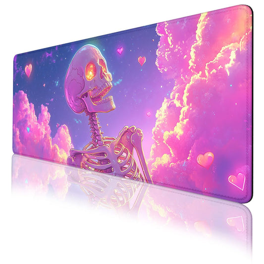 Cute Cartoon Skeleton Gaming Mouse Pad Pink and Purple Cloud Extended Mousepad Waterproof Stitched Edges Rubber Base Non-Slip Deskpad Computer Keyboard Mat 31.5"x11.8"