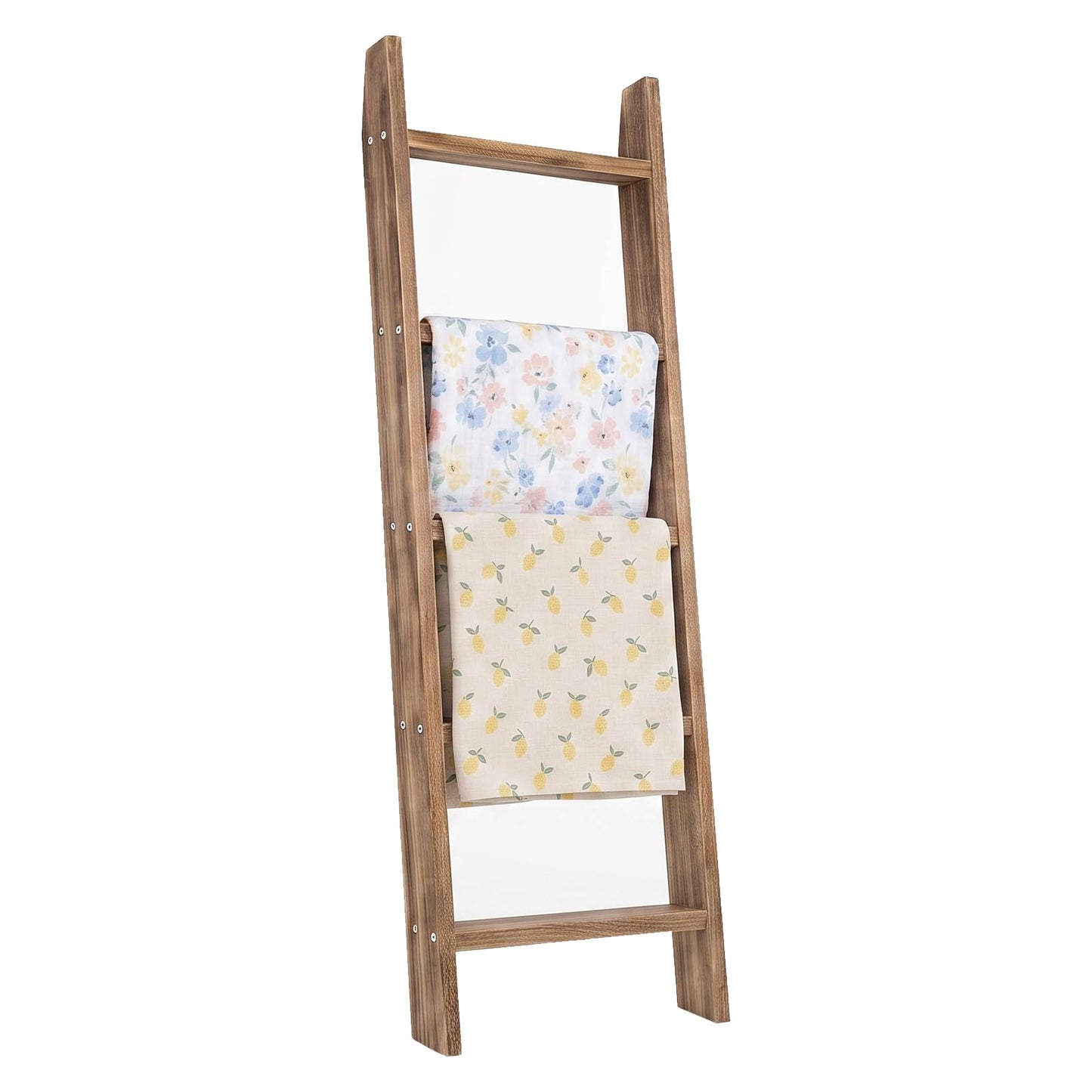 MyGift 4ft Tall Rustic Burnt Natural Wood Wall Leaning Blanket Ladder Shelf with 5 Rungs, Decorative Living Room Throw and Quilt Holder, Farmhouse Bedroom Decor