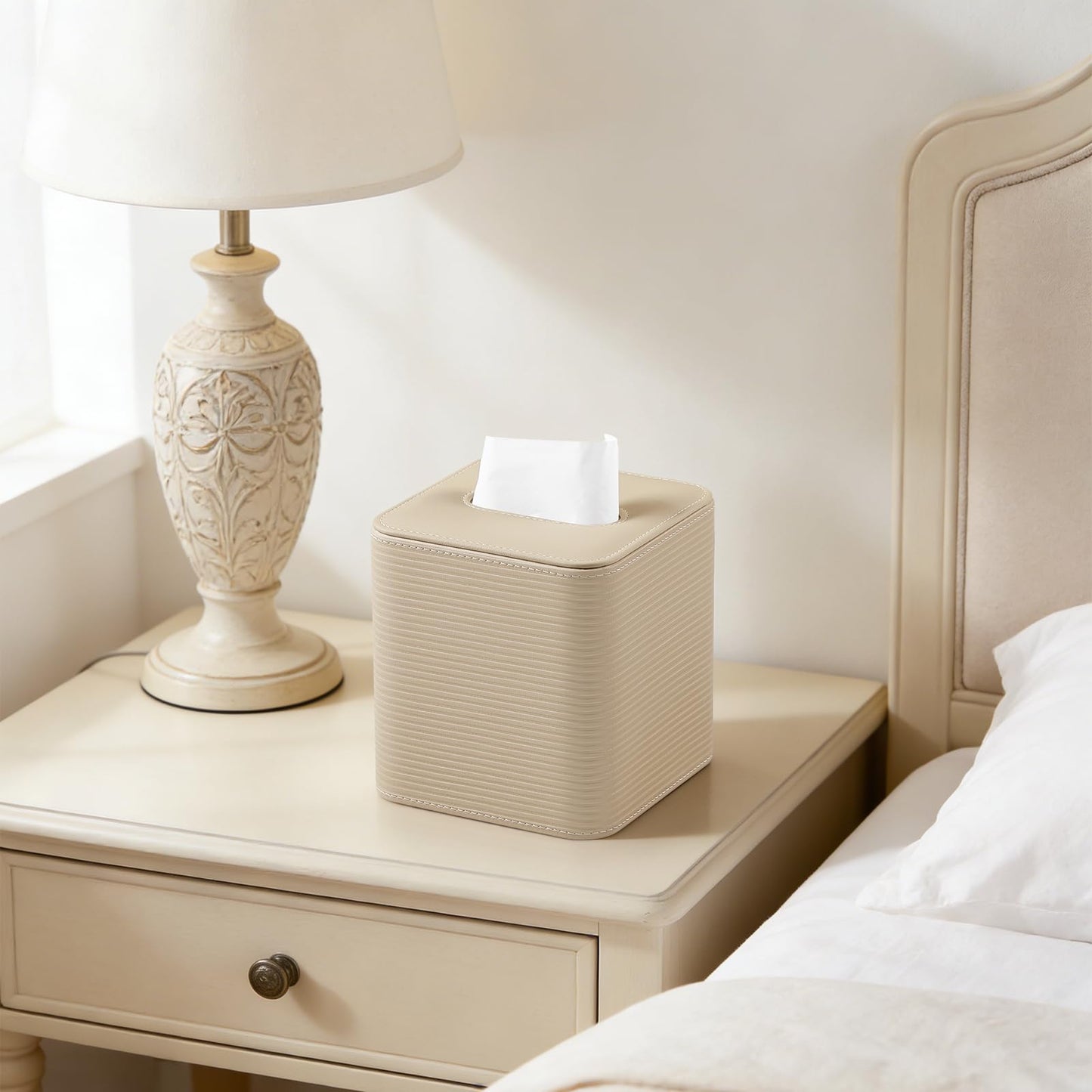 Tissue Box Cover Square with Magnetic Closure, PU Leather Tissue Box Holder for Bathroom NightStands Livingroom, Decorative Modern Square Tissue Holder (Beige Thin Stripes)