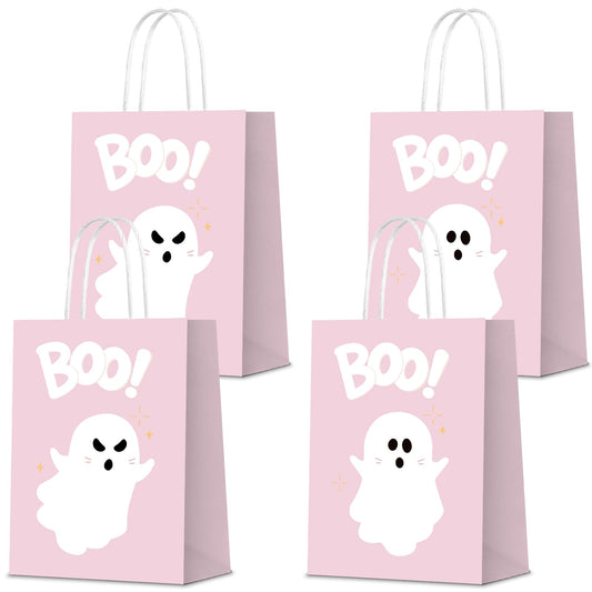KERINGO 16 PCS Halloween Kraft Paper Gift Bags Pink Ghost Boo Design with Handles for Halloween Themed Trick or Treat Party Favors Supplies